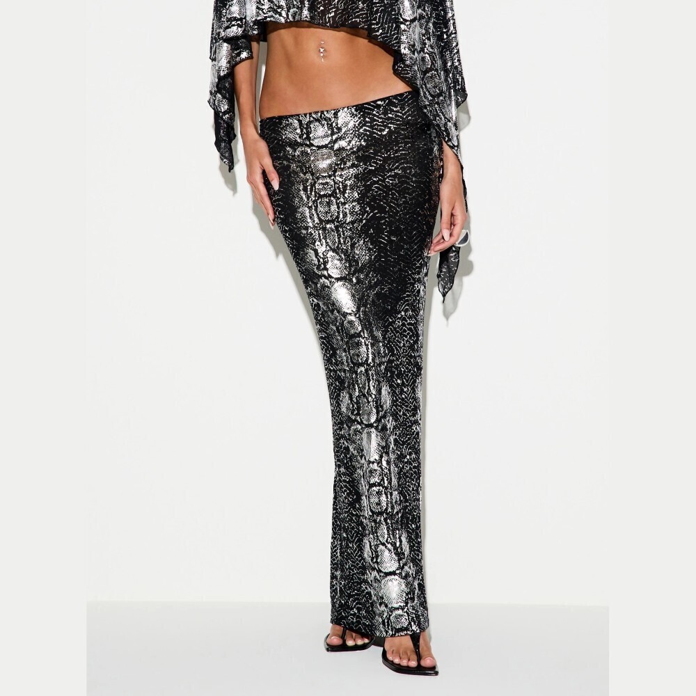 Black Silver Snakeskin Print Low Rise Skinny Maxi Skirt
